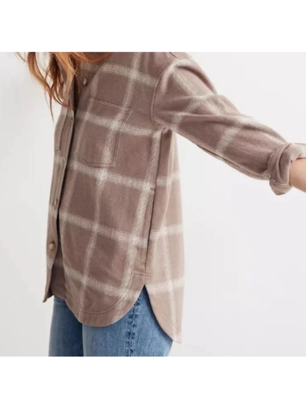Madewell Taupe Plaid Button-Down Shirt Jacket Women’s Size L - Picture 3 of 13